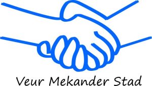 Twee handen die elkaar de hand schudden met daaronder de tekst Veur Mekander Stad