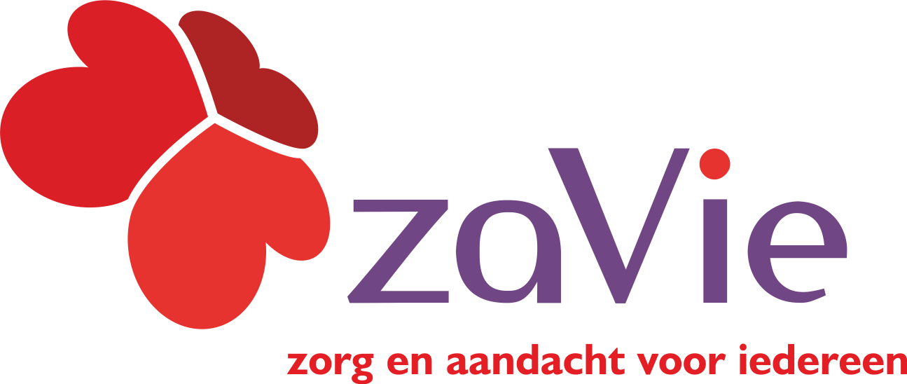 logo zaVie met hartjes in drie kleuren rood en in paars de letters zavie