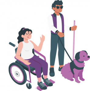 vrouw in rolstoel en man met blindengeleidestok en blindengeleidehond
