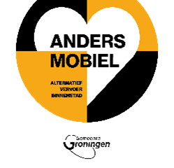 Logo van Anders Mobiel. een cirkel met twee zwarte en twee gele kwarten en daarin een wit hart