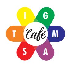 logo stigma café: bloem met verschillende kleuren bloemblaadjes waarin in elk bloemblaadje een letter staat van het woord stigma