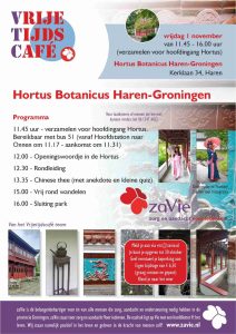 Flyer met informatie over het Vrijetijdscafé in de Hortus Haren