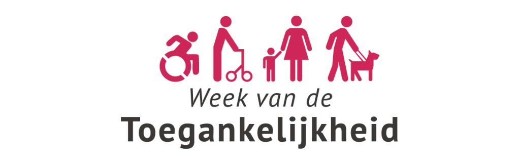 Logo week van de toegankelijkheid. Illustraties van mensen in een rolstoel, met een rollator, met een kind en met een blindengeleidehond