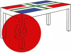 een illustratie van een tafel met als tafelblad de vlag van Groningen. In één van de poten zitten een knoop.