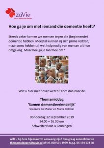 Flyer met uitnodiging voor de bijeenkomst Samen Dementievriendelijk op 12 september. Tekst komt overeen met tekst op website.